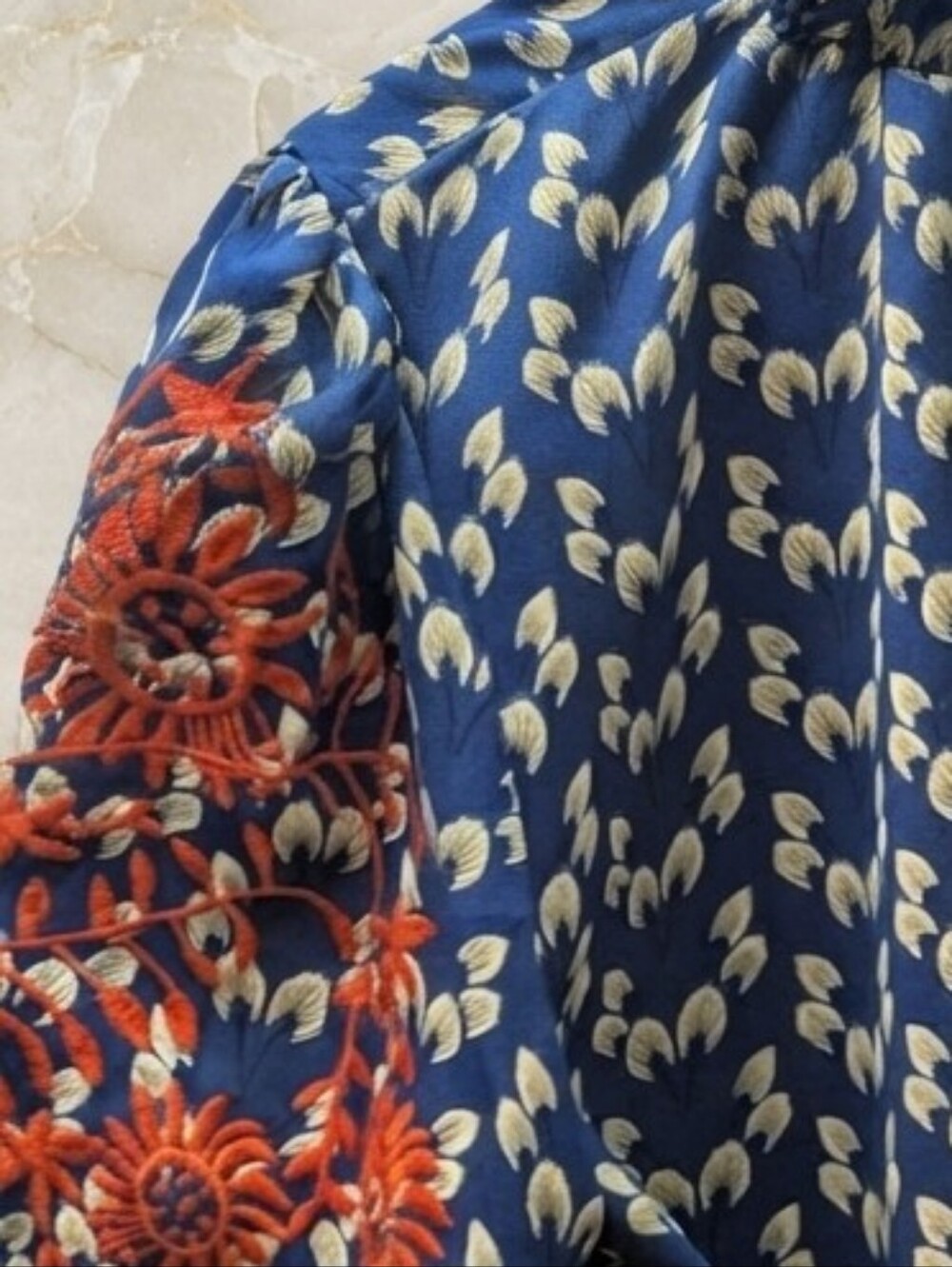 SHEIN Boho Embroidered Puff Sleeve Blouse Blue Cream Floral Peasant Top - Picture 4 of 9